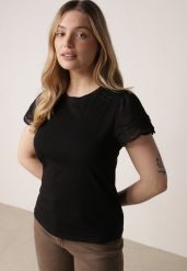 Czarny Bawełniany T-shirt z Koronkowymi Rękawami Carilynore. Czarne t-shirty damskie Born2be, m, bez wzorów, z bawełny, casualowe, bez kołnierzyka, bez ramiączek. Za 59.99 zł.