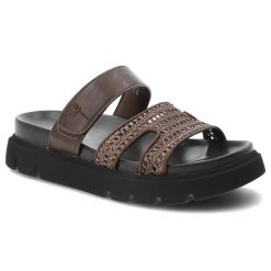 Klapki damskie Tamaris, cholewka ze skóry ekologicznej i materiału tekstylnego plecionego z szerokimi paskami zapinane na rzep, brązowe, 1-27422-46 3. Brązowe klapki damskie Tamaris, bez wzorów, ze skóry ekologicznej, wakacyjne, bez obcasa, bez zapięcia. Za 249.00 zł.