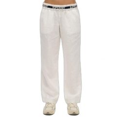 Spodnie damskie z sznurkiem wykonane z lnu Superdry. Białe spodnie dresowe damskie Superdry, bez wzorów, eleganckie, długie. Za 384.90 zł.