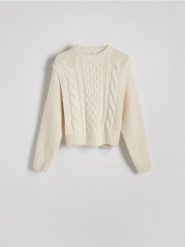 Sweter z wełną - złamana biel. Swetry nierozpinane damskie Reserved, l, bez wzorów, z dzianiny, bez kołnierzyka, bez ramiączek. W wyprzedaży za 199.99 zł.
