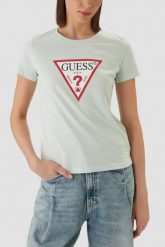 GUESS Miętowy bawełniany t-shirt damski na krótki rękaw Original, Rozmiar XS. Zielone t-shirty damskie Guess, uniwersalny, z aplikacjami, z bawełny, klasyczne, bez kołnierzyka, bez ramiączek. W wyprzedaży za 89.99 zł.