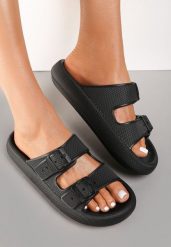 Czarne Klapki Galomela. Czarne klapki damskie Renee, na lato, bez wzorów, z gumy, bez obcasa, na płaskiej podeszwie, bez zapięcia. Za 24.99 zł.