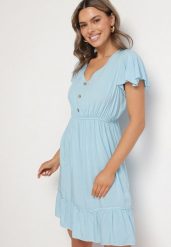 Niebieska Rozkloszowana Bawełniana Sukienka z Guzikami i Falbanami Natinema. Niebieskie sukienki damskie Born2be, na co dzień, na lato, l, bez wzorów, z bawełny, bez kołnierzyka, bez ramiączek, mini, rozkloszowane. Za 39.99 zł.