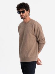 Bluza męska RELAXED FIT z tłoczonymi literami – brązowa V3 OM-SSNZ-0164 - XXL. Brązowe bluzy męskie Ombre Clothing, l, bez wzorów, z bawełny, bez ramiączek, bez kaptura. Za 107.99 zł.