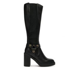 Kozaki LOVE MOSCHINO. Czarne kozaki damskie Love Moschino, bez wzorów, bez obcasa, na słupku, bez zapięcia. Za 1,589.00 zł.