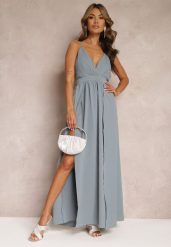 Szara Rozkloszowana Sukienka Maxi na Ramiączkach z Trójkątnym Dekoltem Claudi. Szare sukienki damskie Renee, l, bez wzorów, z tkaniny, eleganckie, bez kołnierzyka, dla wysokich, bez ramiączek, maxi, rozkloszowane. Za 89.99 zł.