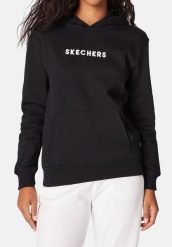 Bluza dresowa sportowa damska Skechers Signature Pullover Hoodie. Czarne bluzy damskie Skechers, na zimę, s, bez wzorów, z bawełny, sportowe, bez ramiączek, z kapturem. Za 159.99 zł.