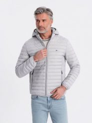 Kurtka męska pikowana pakowana w worek - szara V2 OM-JALP-0156 - XXL. Szare kurtki męskie Ombre Clothing, l, bez wzorów, z materiału. W wyprzedaży za 159.99 zł.