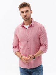 Bawełniana koszula męska z tkaniny w stylu Oxford SLIM FIT - czerwona V18 K642 - XXL. Czerwone koszule męskie Ombre Clothing, m, bez wzorów, z bawełny, bez kołnierzyka, bez ramiączek. W wyprzedaży za 39.99 zł.