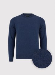 PAKO LORENTE - Granatowy sweter męski z dekoltem w serek. Niebieskie swetry męskie Pako Lorente, m, bez wzorów, z bawełny, bez kołnierzyka, bez ramiączek. Za 199.99 zł.