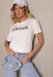 Biały Bawełniany T-shirt z Napisem z Cekinami Marivinna. Białe t-shirty damskie Renee, m, bez wzorów, z bawełny, eleganckie, bez kołnierzyka, bez ramiączek. Za 34.99 zł.
