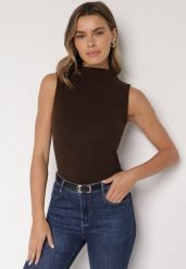 Ciemnobrązowy Bawełniany Top o Dopasowanym Kroju z Półgolfem Unarisa. Brązowe topy damskie Born2be, m, bez wzorów, z bawełny, klasyczne, bez kołnierzyka, bez ramiączek. Za 59.99 zł.