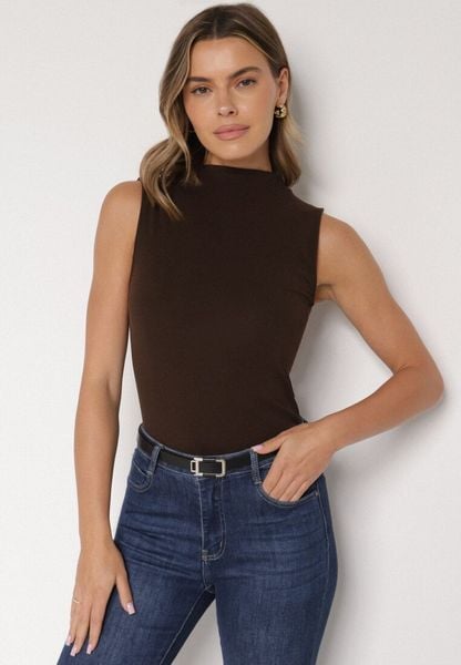 Ciemnobrązowy Bawełniany Top o Dopasowanym Kroju z Półgolfem Unarisa. Brązowe topy damskie Born2be, m, bez wzorów, z bawełny, klasyczne, bez kołnierzyka, bez ramiączek. Za 59.99 zł.