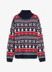 Sweter bożonarodzeniowy z golfem. Niebieskie swetry nierozpinane damskie bonprix, bez wzorów, bez kołnierzyka, bez ramiączek. Za 109.99 zł.