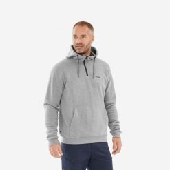Bluza turystyczna męska z kapturem Quechua NH150. Szare bluzy sportowe męskie QUECHUA, l, bez wzorów, z bawełny, z kapturem, trekkingowe. W wyprzedaży za 69.99 zł.