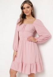Różowa Sukienka Auxede. Czerwone sukienki damskie Born2be, na imprezę, bez wzorów, z tkaniny, bez kołnierzyka, bez ramiączek, mini, rozkloszowane. Za 74.99 zł.
