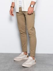 Spodnie męskie chinosy SLIM FIT - beżowe V27. Brązowe eleganckie spodnie męskie Ombre Clothing, bez wzorów, z bawełny. W wyprzedaży za 69.99 zł.