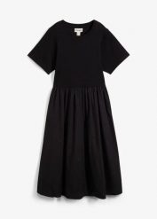 Sukienka midi z mieszanki materiałów. Czarne sukienki damskie bonprix, bez wzorów, z materiału, bez kołnierzyka, bez ramiączek, midi. Za 124.99 zł.