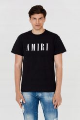 AMIRI T-shirt męski czarny z dużym białym logo. Czarne t-shirty męskie Amiri, m, bez wzorów, bez kołnierzyka, bez ramiączek. W wyprzedaży za 999.99 zł.