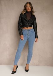 Niebieskie Bawełniane Jeansy Skinny z Guzikami Hirgisse. Niebieskie jeansy damskie Renee, bez wzorów, z bawełny, eleganckie, z podwyższonym stanem. Za 79.99 zł.