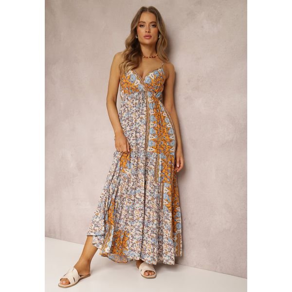 Jasnobeżowa Sukienka Amarhomela. Brązowe sukienki damskie Renee, l, bez wzorów, z wiskozy, bez kołnierzyka, bez ramiączek, maxi, kopertowe. Za 99.99 zł.