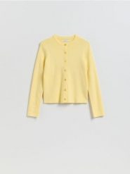 Kardigan z dodatkiem modalu - jasnożółty. Żółte kardigany damskie Reserved, l, bez wzorów, z dzianiny, bez kołnierzyka. Za 119.99 zł.