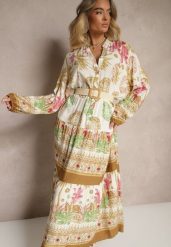 Beżowa Sukienka z Wiskozy Rozkloszowana w Print Boho Aedia. Brązowe sukienki damskie Renee, na co dzień, l, z aplikacjami, z wiskozy, boho, bez kołnierzyka, bez ramiączek, maxi, rozkloszowane. Za 59.99 zł.