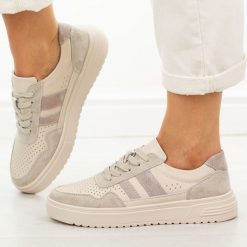 Beżowe skórzane półbuty damskie Cambell 40343. Brązowe obuwie sportowe damskie Cambell, na jesień, bez wzorów, z dresówki, casualowe, z okrągłym noskiem, bez obcasa, bez zapięcia. W wyprzedaży za 192.72 zł.