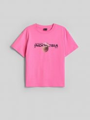 4F T-shirt loose z nadrukiem damski - różowy M. Czerwone t-shirty damskie 4F, m, bez wzorów, z bawełny, bez kołnierzyka, bez ramiączek. Za 69.99 zł.