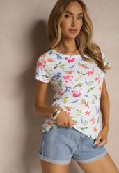 Biały T-shirt z Bawełny Zdobiony Nadrukiem Zarinela. Brązowe t-shirty damskie Renee, l, z aplikacjami, z bawełny, eleganckie, bez kołnierzyka, bez ramiączek. Za 29.99 zł.