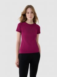 4F T-shirt slim z nadrukiem damski - fioletowy XS. Fioletowe t-shirty damskie 4F, xs, bez wzorów, z bawełny, klasyczne, bez kołnierzyka, bez ramiączek. W wyprzedaży za 39.99 zł.