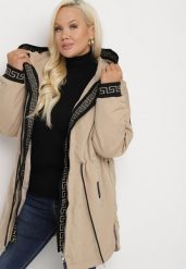 Ciemnobeżowa Kurtka Parka z Kapturem Ściągana w Talii Troczkami Velamira. Brązowe kurtki damskie Born2be, xl, bez wzorów, z materiału, z kapturem. Za 89.99 zł.