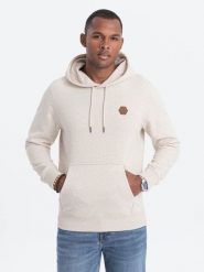 Bluza męska kangurka z kapturem - kremowa V1 - Rozmiar: S. Białe bluzy męskie Ombre Clothing, m, bez wzorów, z bawełny, bez ramiączek, z kapturem. W wyprzedaży za 79.99 zł.