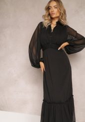 Czarna Rozkloszowana Sukienka Maxi ze Stójką i Falbanką Camillene. Czarne sukienki damskie Renee, s, bez wzorów, bez kołnierzyka, bez ramiączek, maxi, rozkloszowane. Za 159.99 zł.