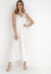 Biała Sukienka Proneis. Białe sukienki damskie Born2be, na lato, bez wzorów, klasyczne, bez kołnierzyka, bez ramiączek, maxi, rozkloszowane. Za 29.99 zł.