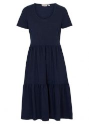 Sukienka T-shirtowa w strukturalny wzór, z mieszanki wiskozy. Niebieskie sukienki damskie bonprix, bez wzorów, z koronki, bez kołnierzyka, bez ramiączek. Za 74.99 zł.