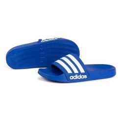 Klapki adidas adilette Shower GW1048 niebieskie. Niebieskie klapki męskie bez wzorów, z gumy, bez zapięcia. Za 199.57 zł.