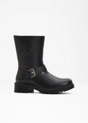 Kozaki. Czarne kozaki damskie bonprix, na zimę, bez wzorów, bez obcasa, bez zapięcia. Za 149.99 zł.