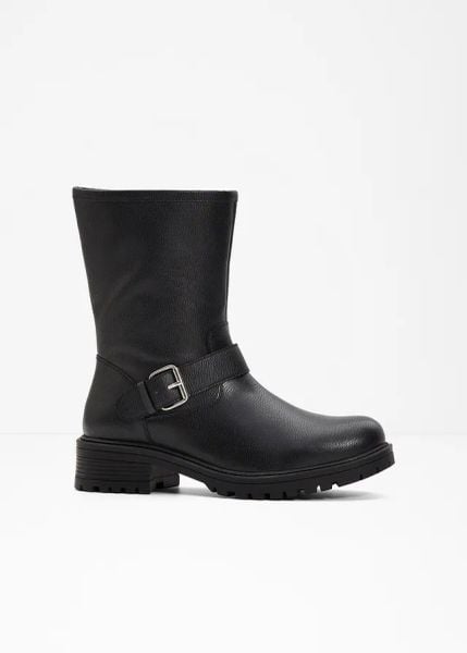 Kozaki. Czarne kozaki damskie bonprix, na zimę, bez wzorów, bez obcasa, bez zapięcia. Za 189.99 zł.