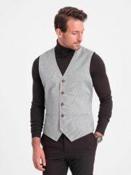 Garniturowa żakardowa męska kamizelka bez klap - jasnoszara V1 OM-BLZV-0106 - XXL. Szare garnitury męskie Ombre Clothing, l, bez wzorów, z poliesteru. W wyprzedaży za 79.99 zł.
