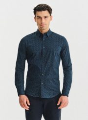 PAKO LORENTE – Granatowa koszula we wzór geometryczny. Koszule męskie Pako Lorente, l, bez wzorów, z bawełny, bez kołnierzyka, bez ramiączek. Za 199.99 zł.