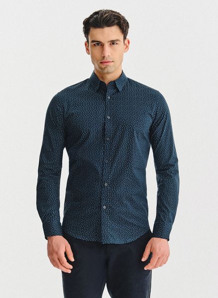 PAKO LORENTE – Granatowa koszula we wzór geometryczny. Koszule męskie Pako Lorente, l, bez wzorów, z bawełny, bez kołnierzyka, bez ramiączek. Za 149.99 zł.