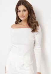 Biała Bluzka z Dekoltem Carmen i Długimi Rękawami Annbira. Białe bluzki damskie Born2be, m, bez wzorów, bez kołnierzyka, bez ramiączek. Za 79.99 zł.