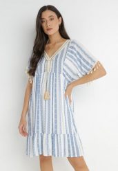Niebieska Sukienka Sophoreia. Niebieskie sukienki damskie Born2be, xl, z aplikacjami, boho, bez kołnierzyka, bez ramiączek, mini, rozkloszowane. Za 49.99 zł.
