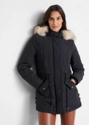 Parka. Czarne parki damskie bonprix, bez wzorów, z kapturem. Za 289.99 zł.
