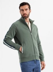 Męska bluza dresowa z wysokim kołnierzem i lampasami oliwkowa V2 OM-SSZP-0219 S. Zielone bluzy męskie Ombre, m, bez wzorów, z dresówki, bez ramiączek, bez kaptura. Za 363.08 zł.