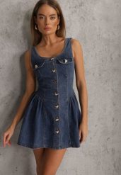 Niebieska Bawełniana Rozkloszowana Sukienka z Jeansu Ozdobiona Guzikami Sofeis. Niebieskie sukienki damskie Renee, na co dzień, l, bez wzorów, z bawełny, bez kołnierzyka, bez ramiączek, mini, gorsetowe. Za 179.99 zł.