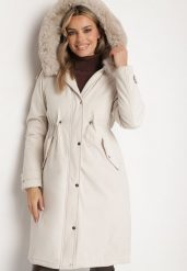 Jasnobeżowa Kurtka Parka Długa ze Ściągaczami i Futerkiem Odpinanym Delanira. Brązowe kurtki damskie Born2be, l, bez wzorów, bez kaptura. Za 339.99 zł.