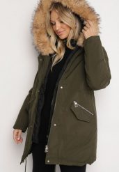 Zielona Kurtka Parka z Dwustronnym Suwakiem i Kapturem z Odpinanym Futerkiem Ediliria. Brązowe kurtki damskie Born2be, na zimę, l, bez wzorów, z materiału. Za 269.99 zł.