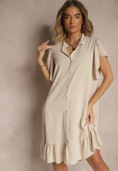 Beżowa Koszulowa Sukienka Ozdobiona Falbankami i Guzikami Tenelora. Brązowe sukienki damskie Renee, na co dzień, bez wzorów, eleganckie, bez kołnierzyka, bez ramiączek, midi, koszulowe. Za 54.99 zł.